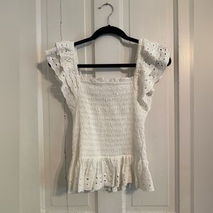 House of Harlow 1960 smocked eyelet ruffle sleeve top